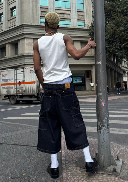 Sewn original cow washed denim short pants