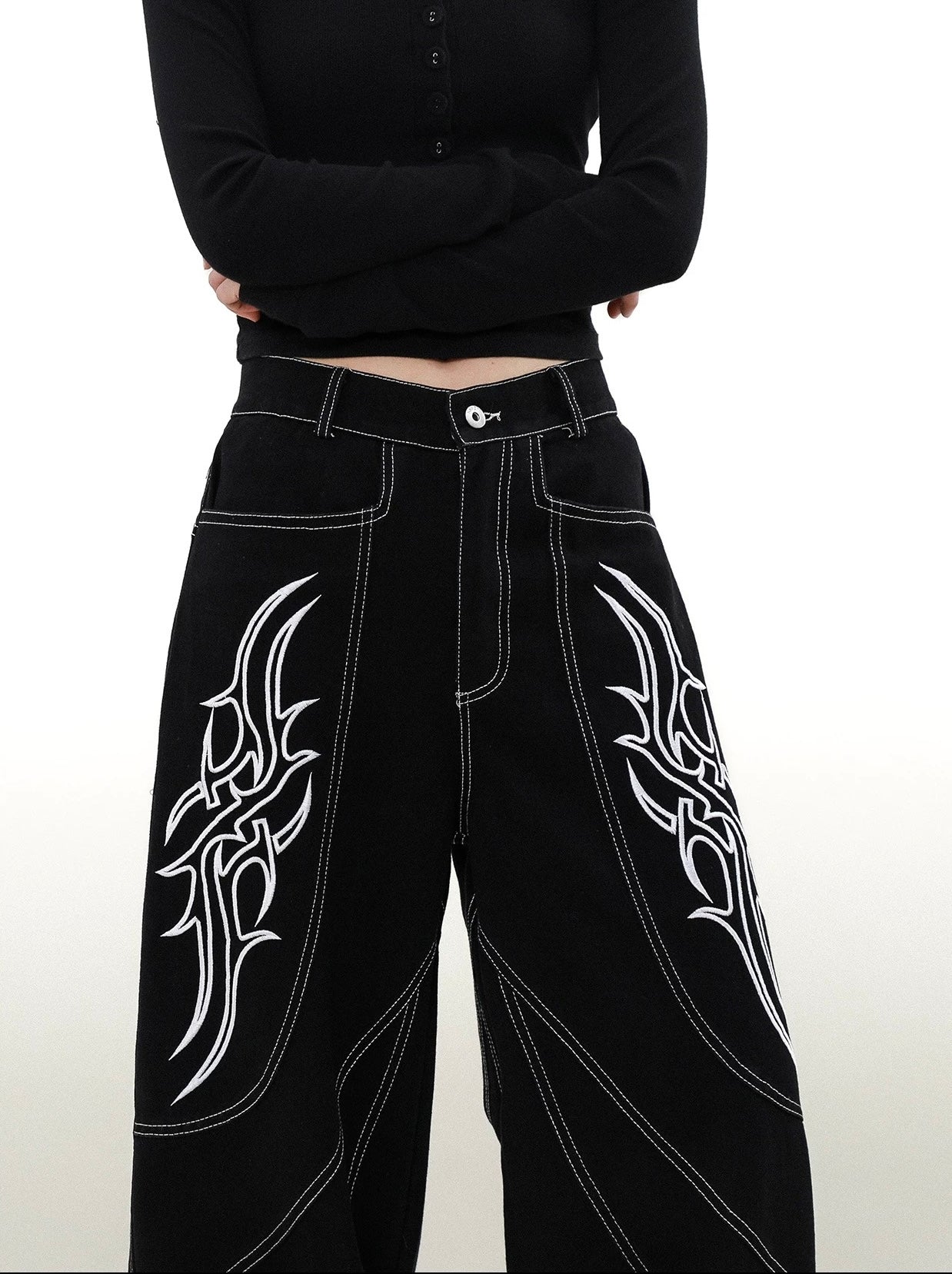 Street embroidered wide denim pants