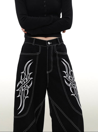 Street embroidered wide denim pants