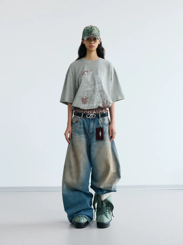 Yellow mud dyeed curved knife wide denim pants