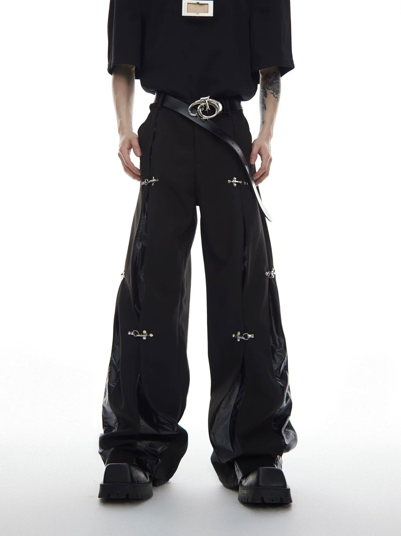 Leather stitching metal button down pants
