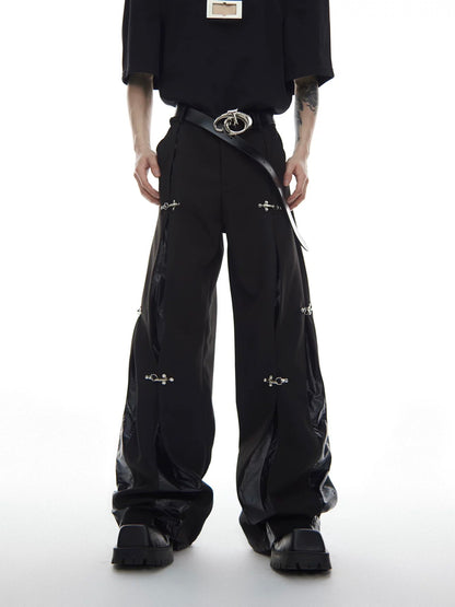 Leather stitching metal button down pants