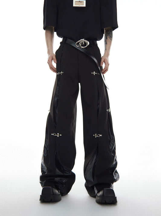 Leather stitching metal button down pants