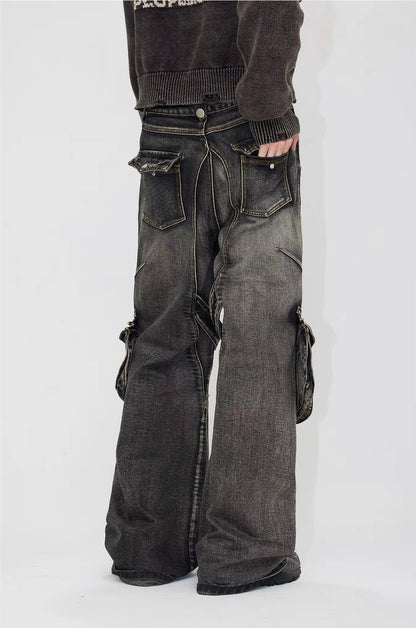 Spiny structure thorn zippered pockets denim pants