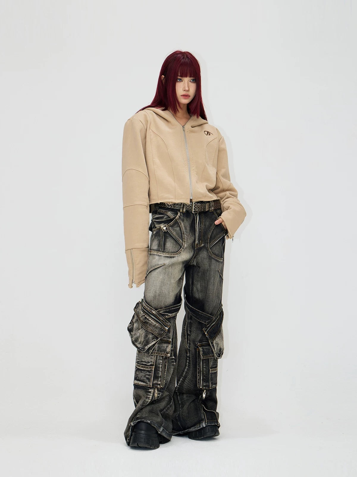 Spiny structure thorn zippered pockets denim pants