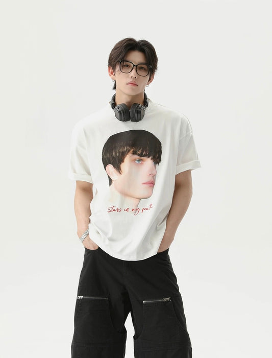 Two sex characters printed round neck t-shirt