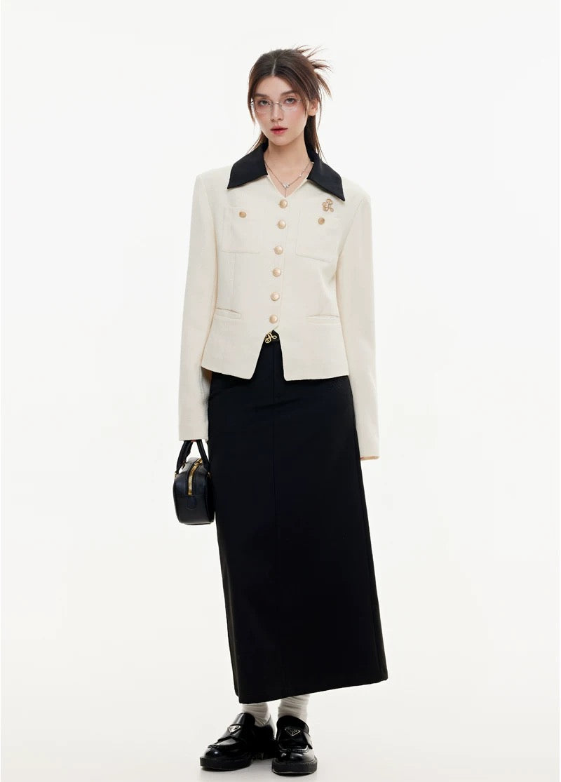 Scholarly contrast tailored gold button jacket