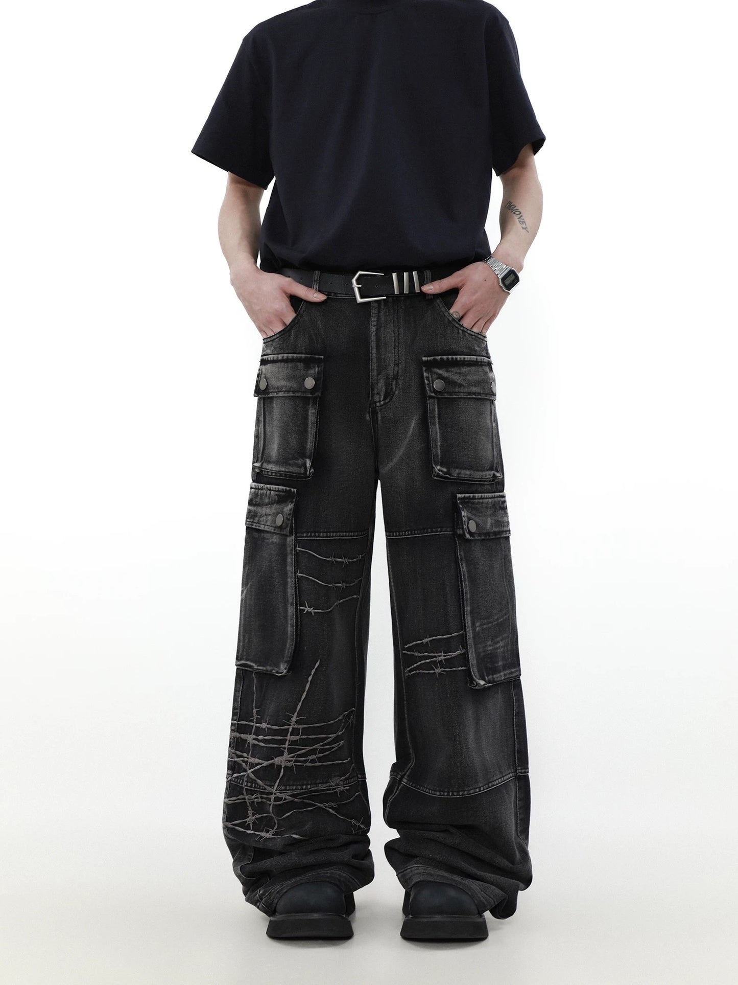 Multi pocket wide denim pants