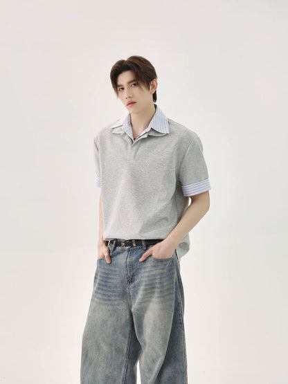 Stitching striped versatile polo shirt