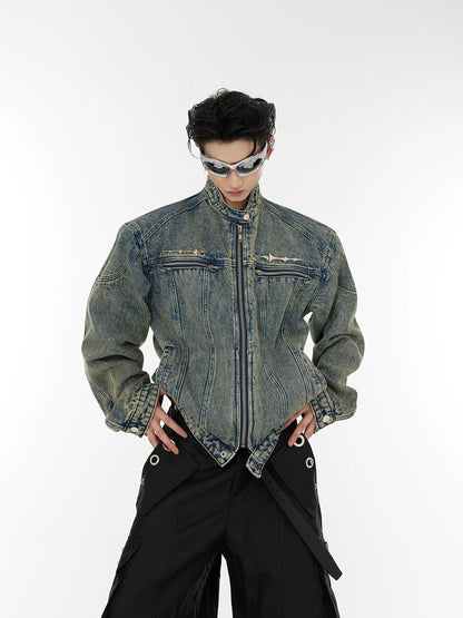 Vintage metallic logo short denim jacket