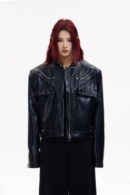 Metal zipper short motorcycle classic leather jacket