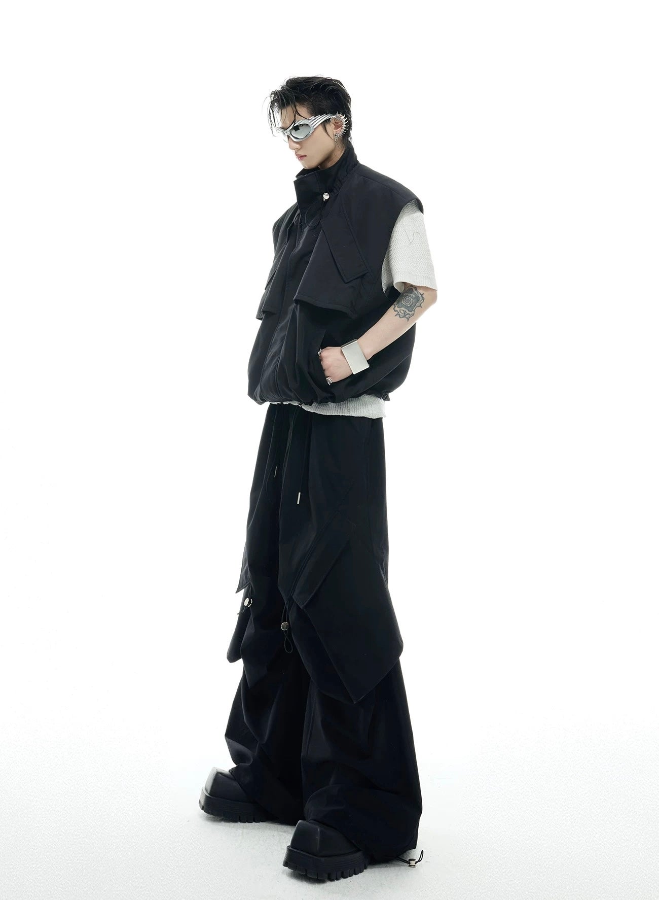 Irregular drawstring multi pocket work style setup pants