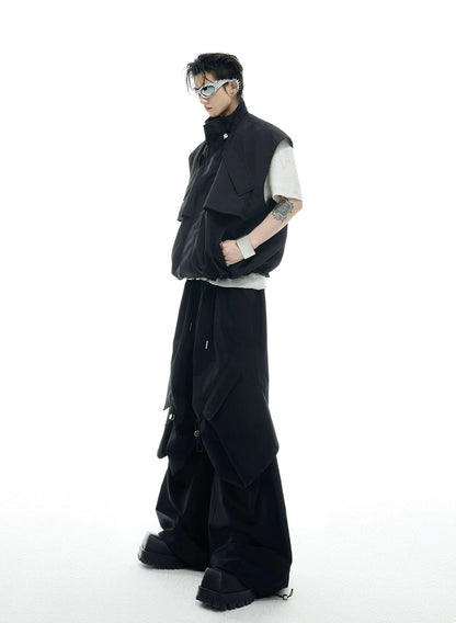 Irregular drawstring multi pocket work style setup pants