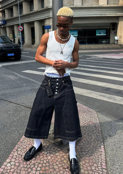 Sewn original cow washed denim short pants