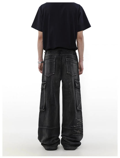 Multi pocket wide denim pants