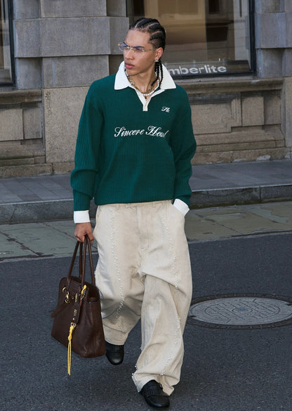 Retro knit blend polo collar old money sweater
