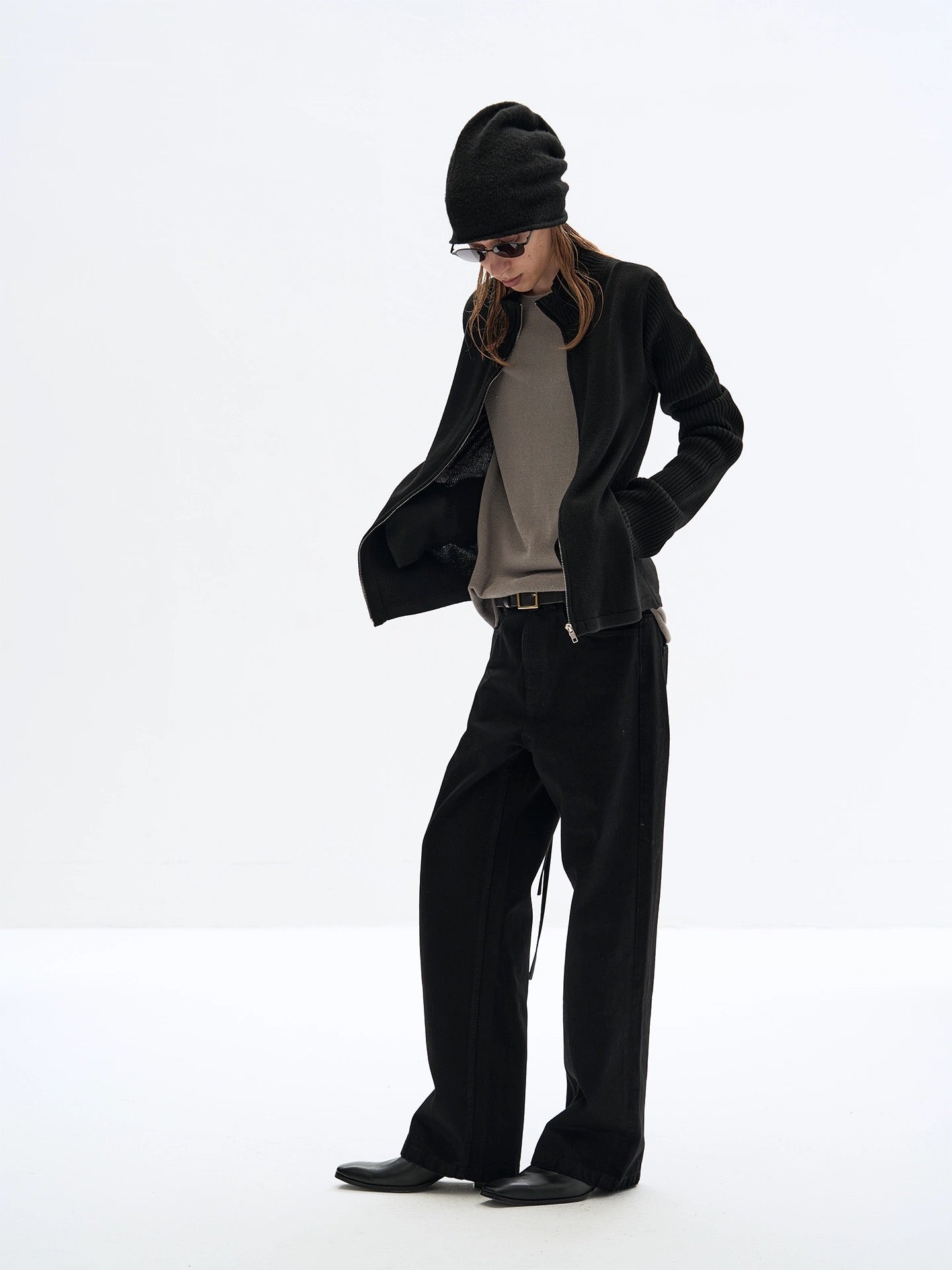 Merino wool high collar long sleeve zip sweater