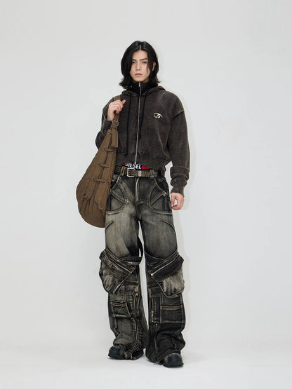 Spiny structure thorn zippered pockets denim pants