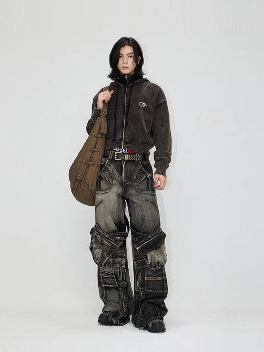 Spiny structure thorn zippered pockets denim pants