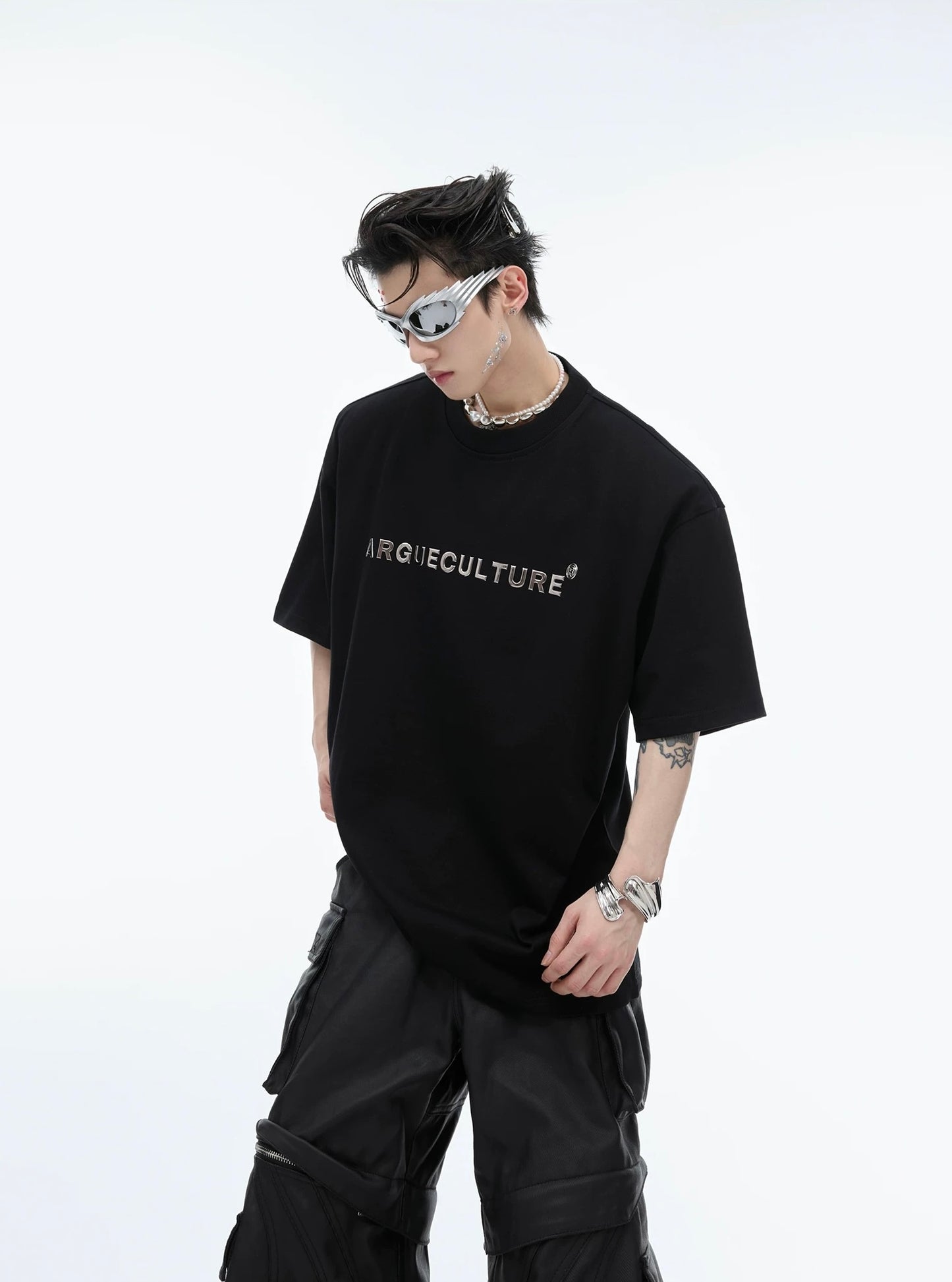 Silver plated stereoscopic metal logo t-shirt