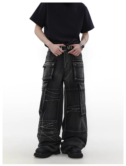 Multi pocket wide denim pants