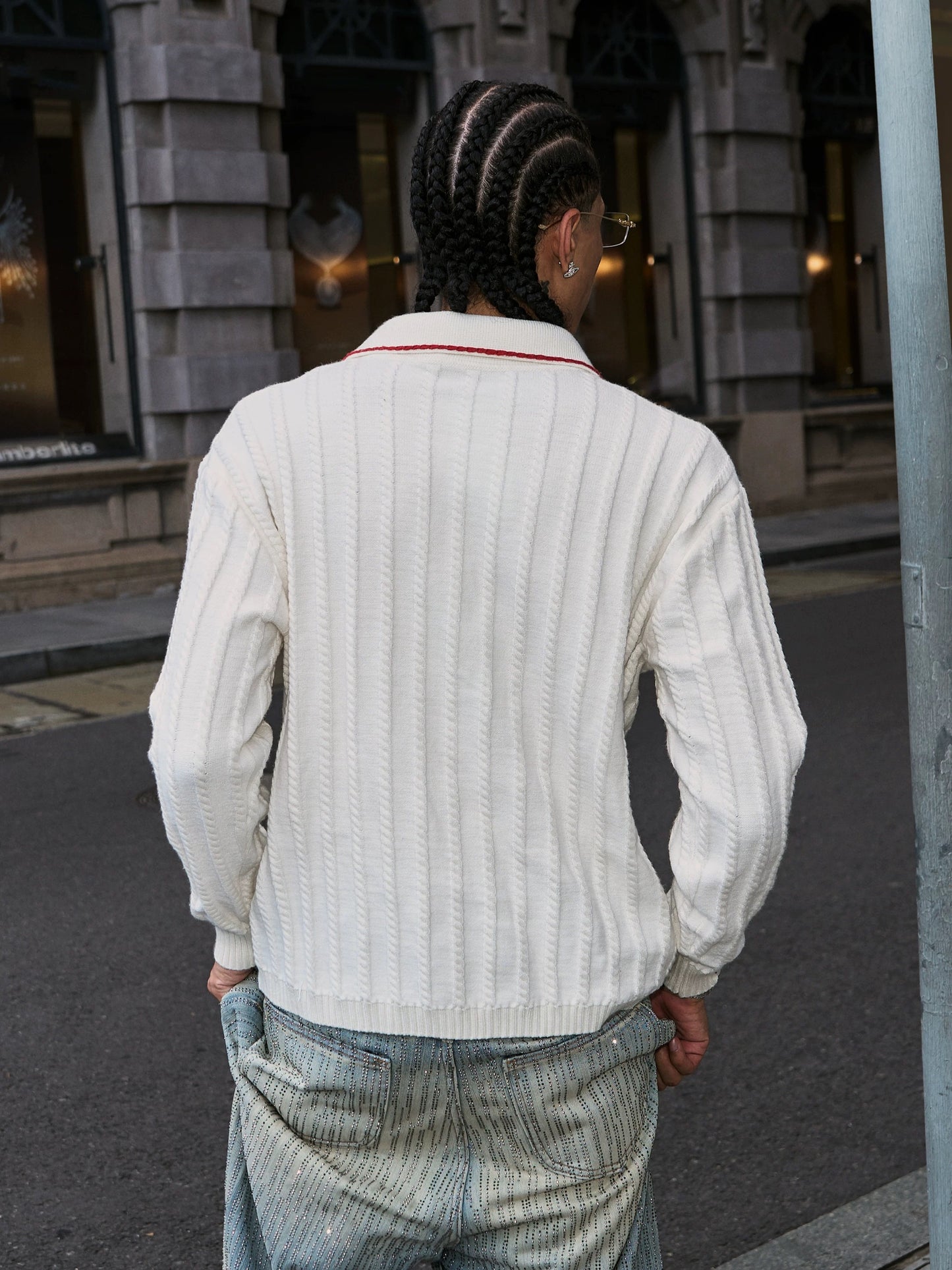 White shiny twisted deep knit long sleeve sweater