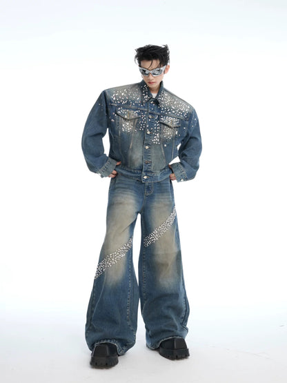 Sparkling diamond pad denim setup jacket