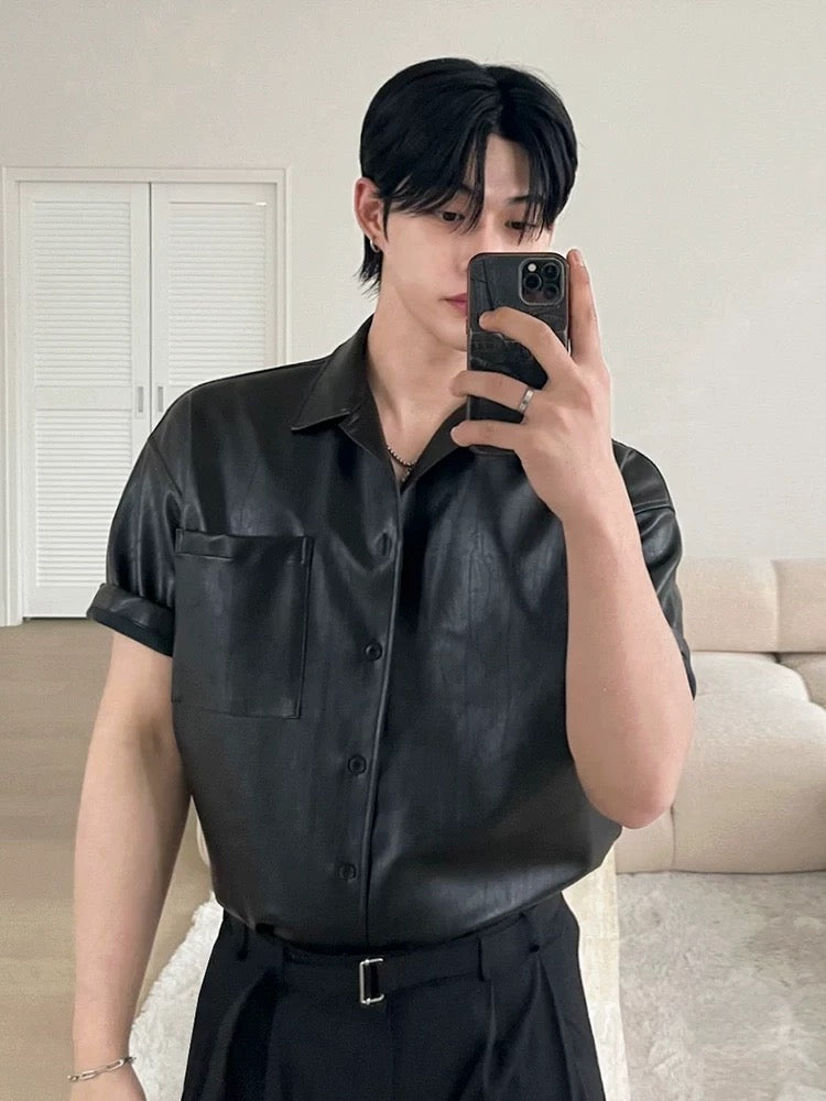 Premium sensory korean leather short sleeve jacket