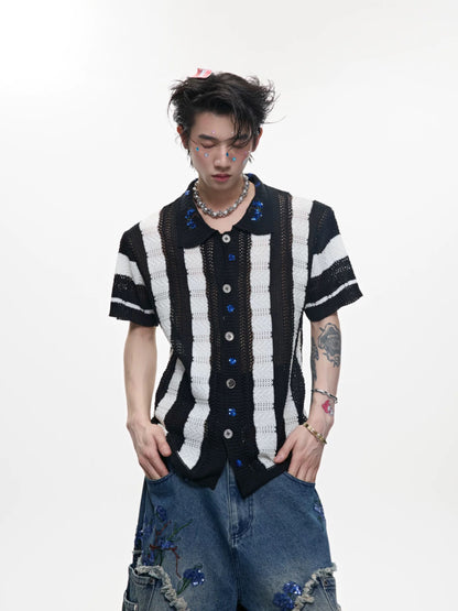 Retro knit cardigan striped collar t-shirt