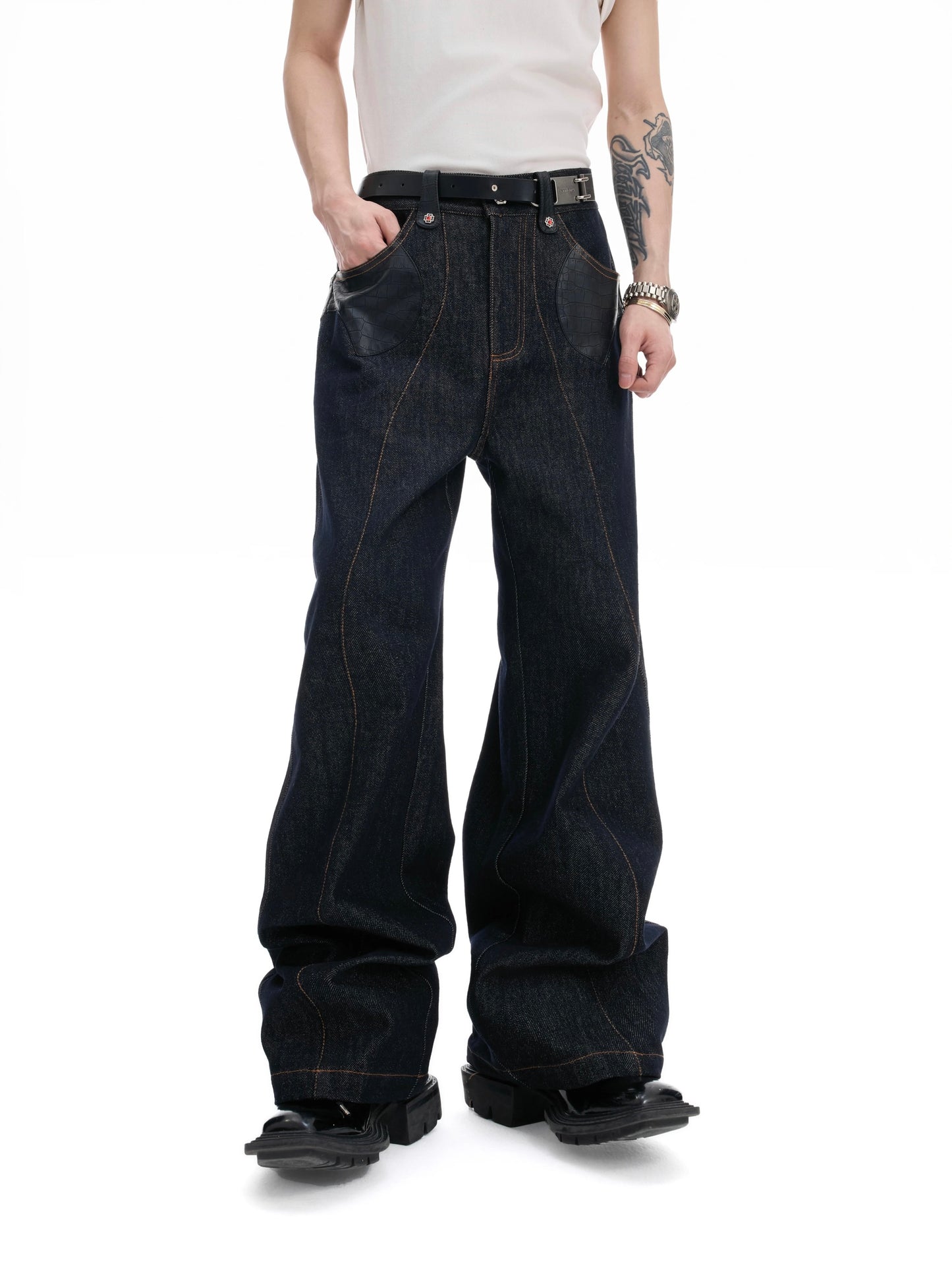 Vintage crocodile skin sewn setup denim pants