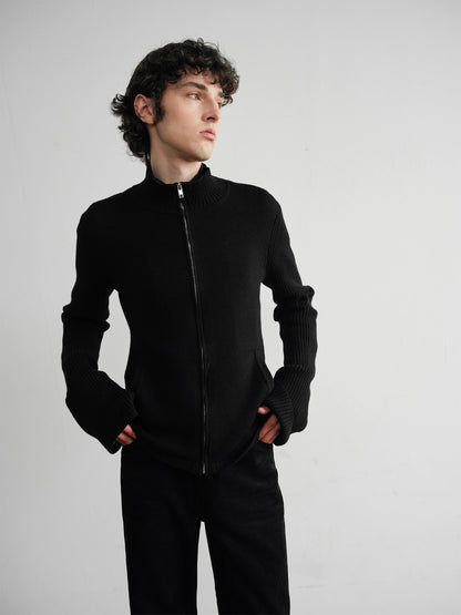 Merino wool high collar long sleeve zip sweater