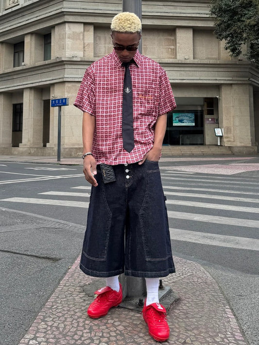 Red plaid boxy collar short sleeve shirt