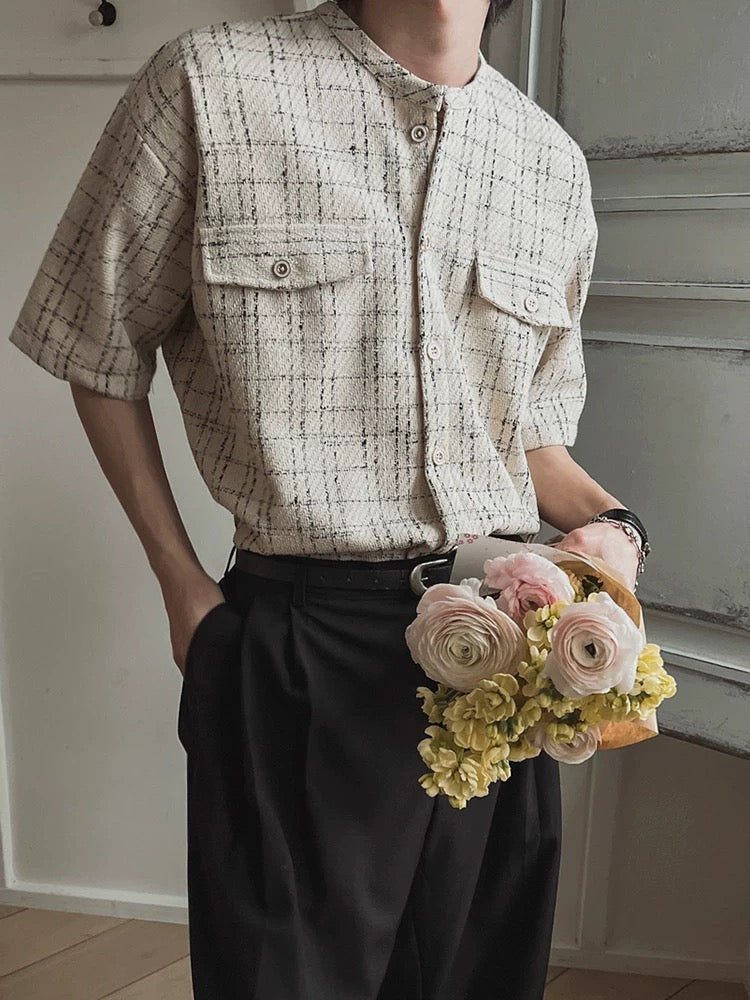 Fragrant breeze textured grid check short sleeve shirt