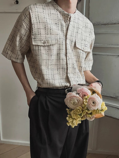 Fragrant breeze textured grid check short sleeve shirt