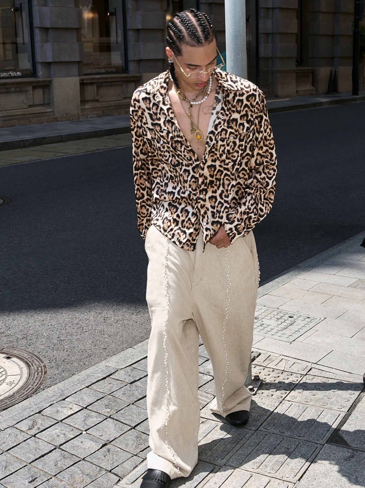Cotton hemp blended pearl nail loose baggy pants