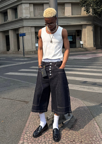 Sewn original cow washed denim short pants