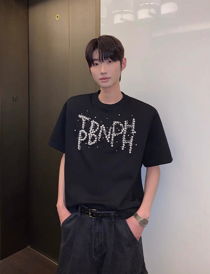 Trendy pearl letter vogue short sleeve t-shirt