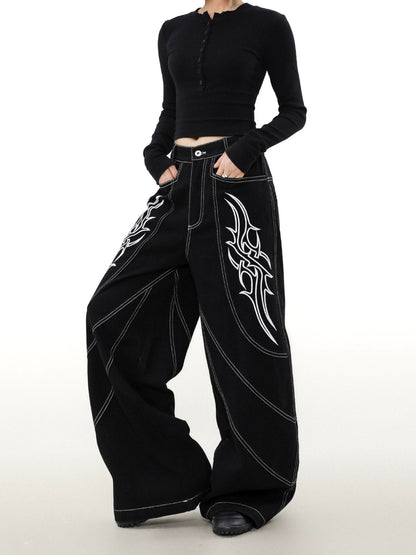 Street embroidered wide denim pants