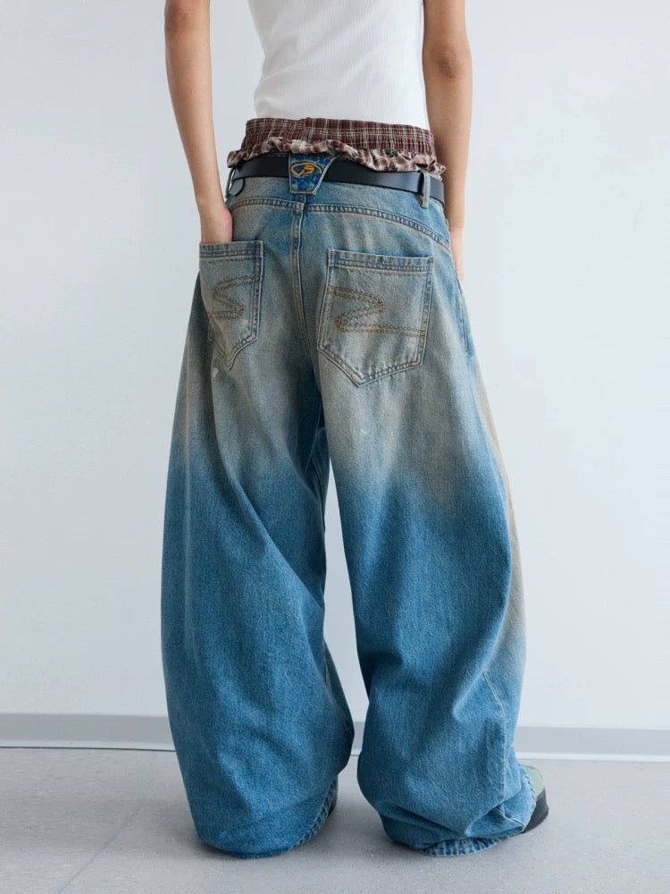 Yellow mud dyeed curved knife wide denim pants