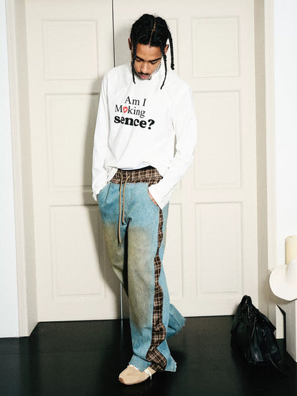 Slogan text solid color loose long sleeve t-shirt