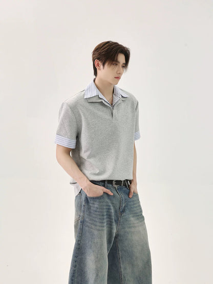 Stitching striped versatile polo shirt