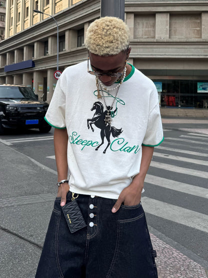 Horse rider embroidery green silhouette t-shirt