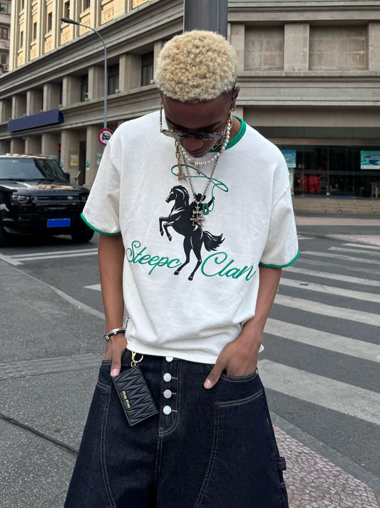 Horse rider embroidery green silhouette t-shirt