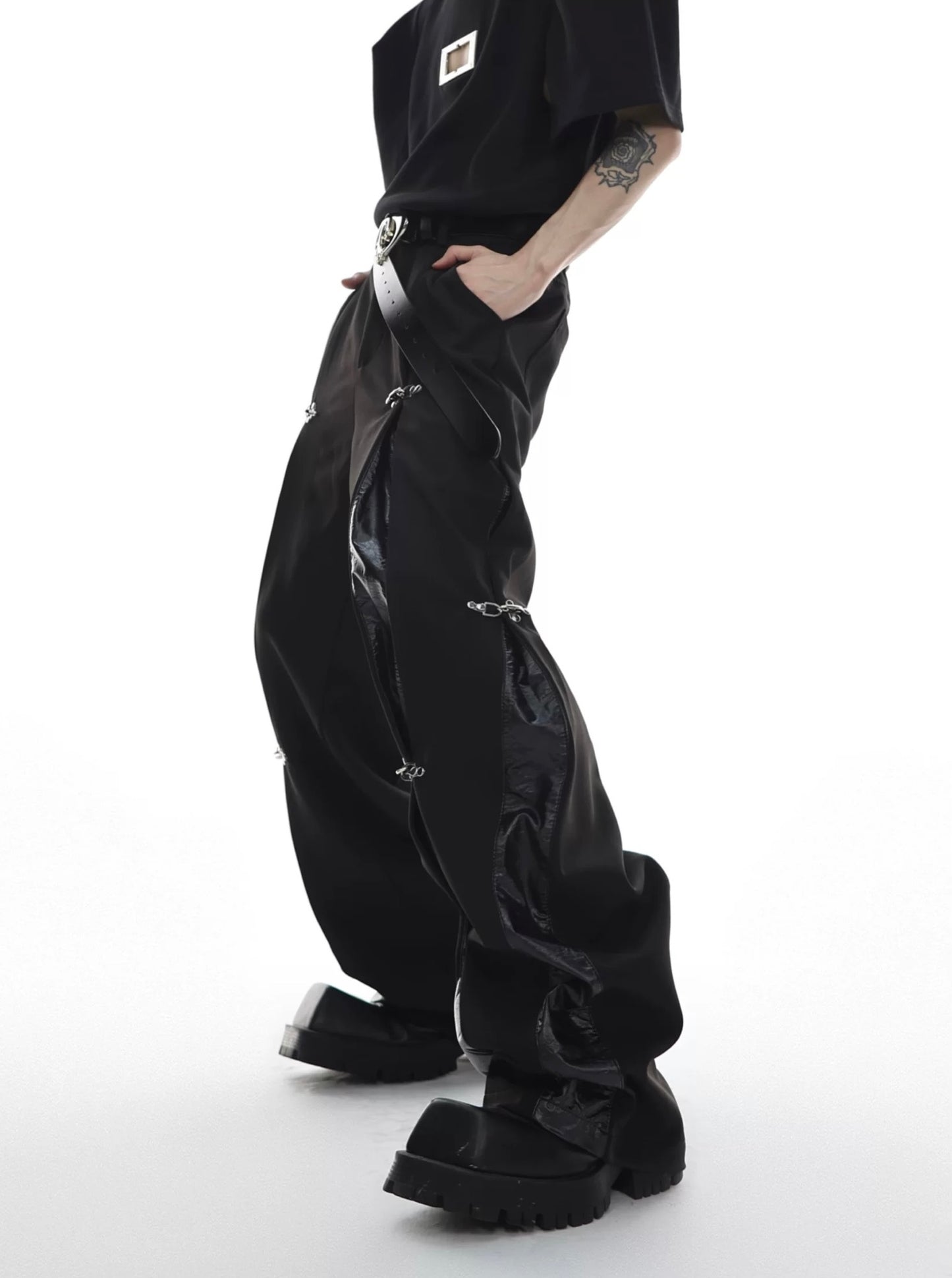 Leather stitching metal button down pants