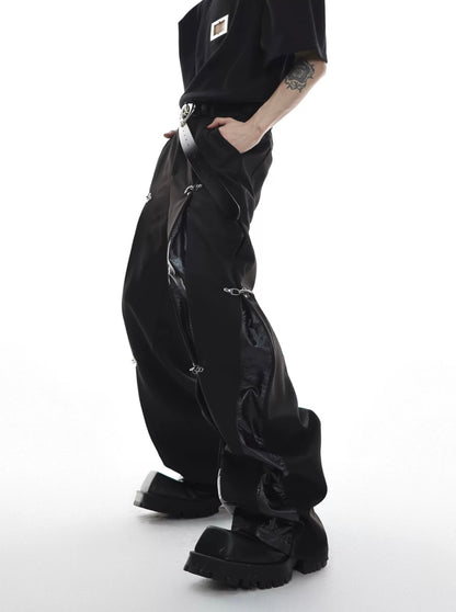 Leather stitching metal button down pants