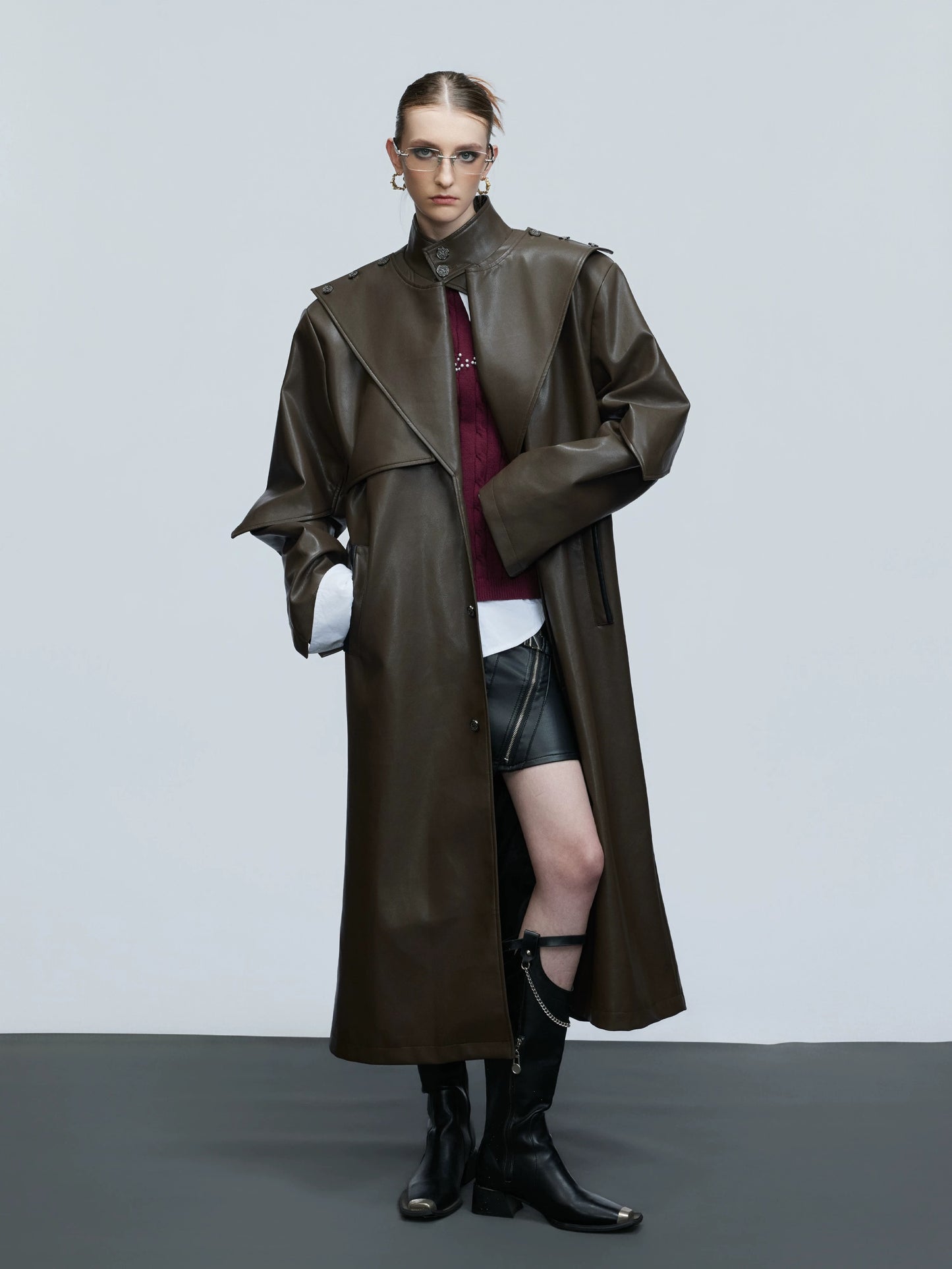 Cyber structured armored high stand collar leather coat