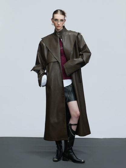 Cyber structured armored high stand collar leather coat