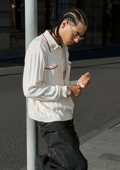 White shiny twisted deep knit long sleeve sweater