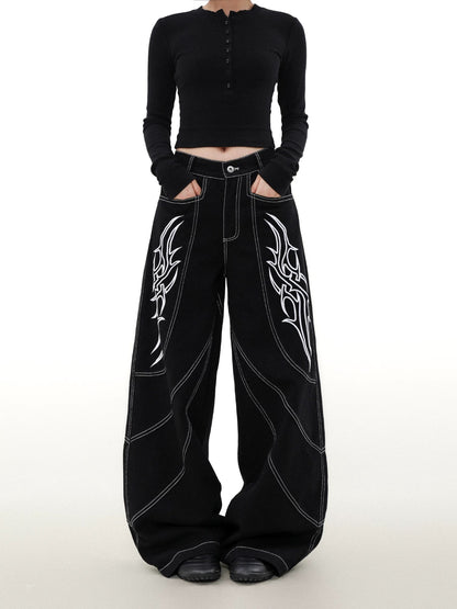 Street embroidered wide denim pants
