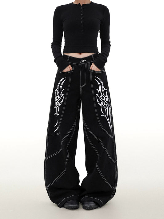 Street embroidered wide denim pants